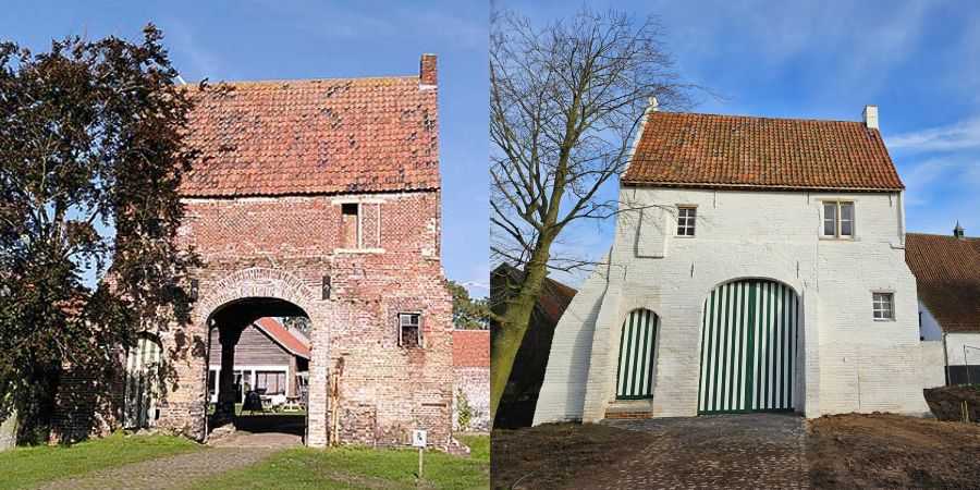 Huysmanshoeve poortgebouw voor en na restauratie